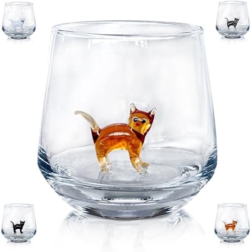Handmade Cute Cat Glass Cup – 3D Cat Figurine Stemless Wine Glass for CatLovers, CatFigurine GlassCup, Handblown Figures Inside GlassCup, Unique Feline Barware Gift, Coffee & Wine Cup (Orange)