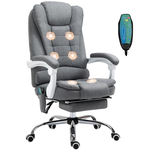 Vinsetto Ergonomic Massage Office Chair with 6-Point Vibrating & Heated Lumbar Support, Executive High Back Computer Desk Chair with Footrest, 135° Reclining, Breathable Linen Fabric, Grey