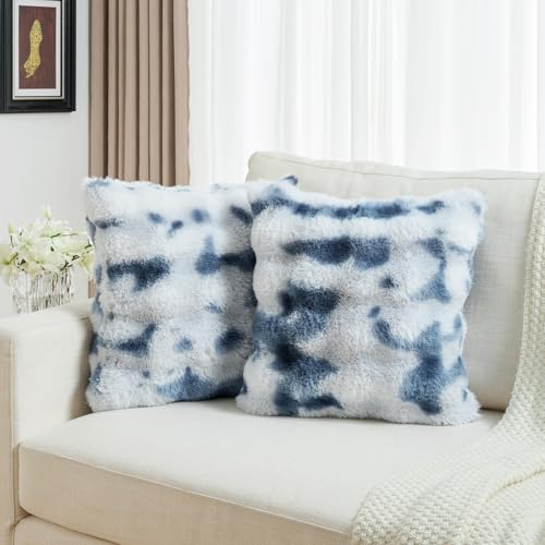 FUTEI Blue White Decorative Throw Pillow Covers 20x20 Inch Set of 2,Soft Fuzzy Faux Rabbit Fur Cushion Covers with Raised Texture,Neutral Boho Home Decor for Couch Bed Living Room
