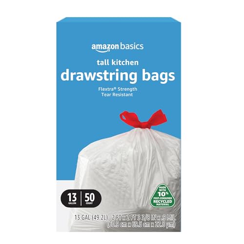 Image of Amazon Basics 13 Gallon Tall Kitchen Drawstring Trash Bags, Flextra Strength, Tear Resistant, 10% Post Consumer Recycled, 50 Count, White