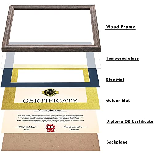 Diploma Frame Tempered Glass - Document Frames 8.5X11 With Mats(Navy, Black, White, Golden), Rustic Wooden Graduation Picture Frame 11X14 Without Mat For Certificate, Degree (Set Of 2, Brown) #TOP1