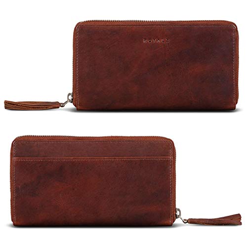 ROYALZ 'Helena' Vintage Leder Portemonnaie Damen groß Reißverschluss viele Fächer Geldbörse Damen RFID Schutz Geldbeutel Frauen Leder, Farbe:Roma Cognac Braun