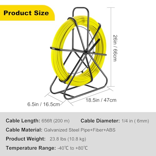 Fish Tape with Hand Brake, 656FT x 6MM (1/4") Fiberglass Duct Rodder, Steel Reel Stand & Guide Cage for Electrical Cable Pulling in Conduit & Walls by LJJJXXX - Image 2