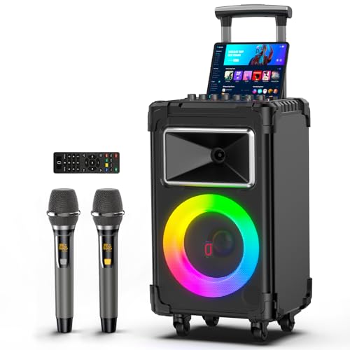 JYX Karaoke Machine with 2 Wireless Mics, 10″ Woofer 500W Peak Power Big Portable Bluetooth Speaker with Bass/Treble Adjustment, PA System with Remote Control, LED Lights, Rolling Wheels and Trolley