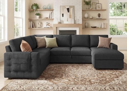 Image of HONBAY Sectional Sleeper Sofa with Pull-Out Bed Storage Chaise, 6 Seater Couch for Living Room, Dark Grey