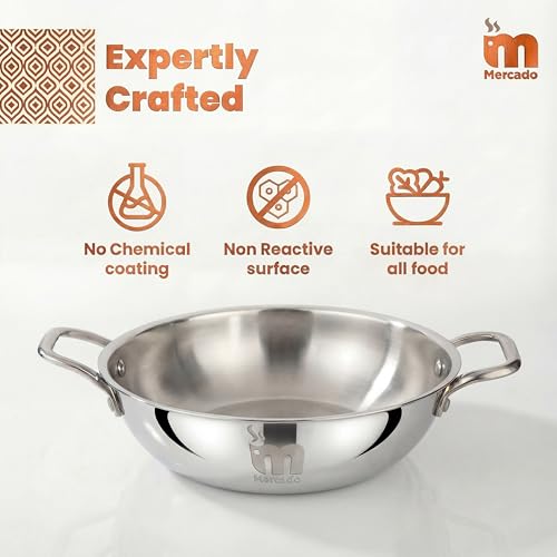 Image of Mercado Triply Stainless Steel Kadhai 28 cm (4.5L) with Lid | SS304 Food Grade | Even Heat Distribution | Deep Frying & Cooking | Induction & Gas Compatible I 5 Years Warranty
