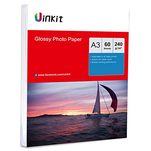 60 hojas A3 papel fotográfico de alto brillo Super White para impresión de inyección de tinta Uinkit A3 240Gsm x 60sheets Cover