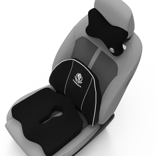 Image of MRRON Memory Foam Car Seat Cushion Combo - Backrest, Coccyx Cushion & Neckrest - Orthopedic Support for Back, Sciatica & Neck Pain - Ergonomic Comfort for Car, Office. (Black, Spine Support)