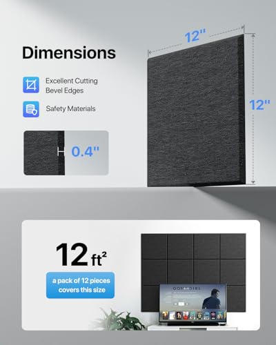 Image of Soundsbay Square Soundproof Wall Panels 12 Pack with 60 Adhesive Tapes | 150kg /m High Density Covers 11.6 sq ft, Sound Proof Panels for Walls, Home Office, Recording Studio, Bedroom 12 inch X 12 inch Black