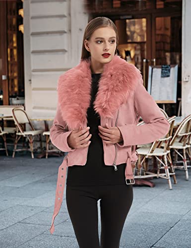 Xuliku Women's Faux Fur Collar Suede Leather Jacket With Detachable Belt Short Zip Up Warm Coat For Women Winter Outwear #TOP4