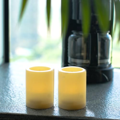 Image of CANDLE CHOICE Outdoor Battery Operated Flameless Candles with Remote Timer Waterproof Flickering Plastic Electric LED Pillar Lights for Lantern Patio Garden Wedding Party Decorations D3 inchxH4 inch 2 Pack