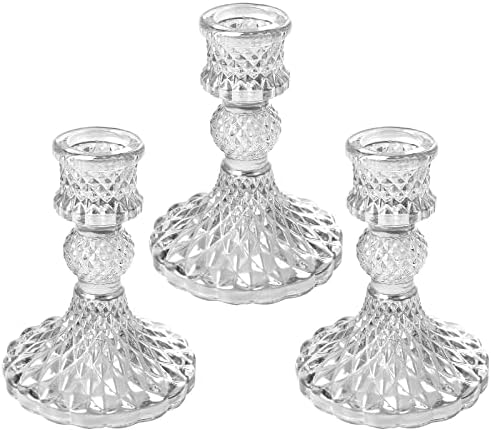 Gazeer Glass Candlestick Holders,Taper Candle Holders, Elegant Crystal Candle Holders Decorative Candle Holders Set of 3, Glass Candle Holders for Wedding, Festival, Party & Festival Decoration.