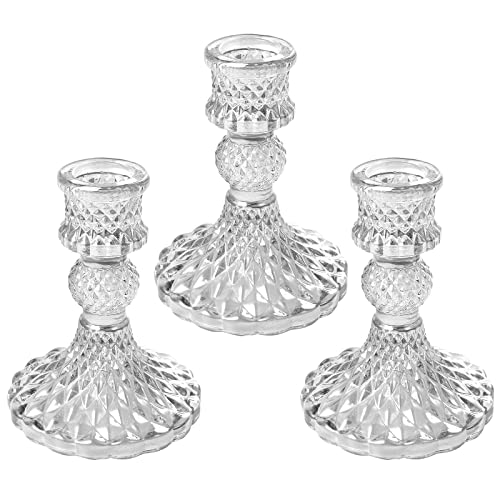 Gazeer Glass Candlestick Holders,Taper Candle Holders, Elegant Crystal Candle Holders Decorative Candle Holders Set of 3, Glass Candle Holders for Wedding, Festival, Party & Festival Decoration.
