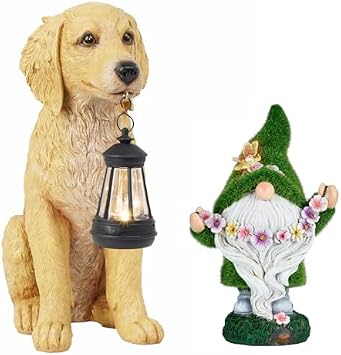 Cynkeyee Garden Decor Dog Statues Outdoor - Garden Gnomes Outdoor Decor Light