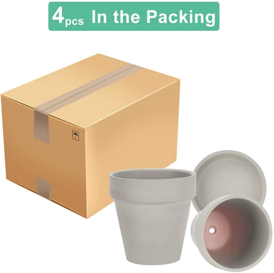 vensovo 6 Inch Grey Terracotta & Clay Pots for Plant with Saucer - 4 Pack Medium Terra Cotta Planter with Drainage Hole, Flowerpot for Indoor Outdoor Plants, Crafts, Wedding Favor