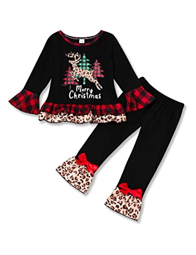 Merry Christmas Outfit Toddler Baby Girl Funny Letter Top + Ruffle Bell Bottom Pants Christmas Clothes Set