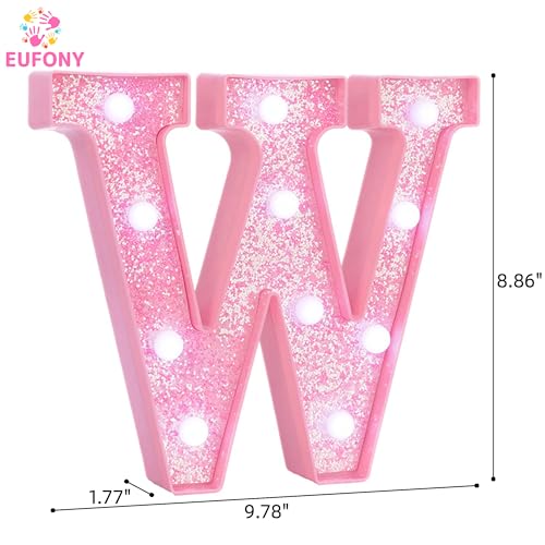 Image of Pink Marquee Light Up Letters, Glitter Alphabet LED Letter Lights for Pink Birthday Party Decorations, Battery Operated Letter Sign for Girls Room Vanity Table Decor, Cool White Lights Letter W