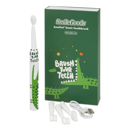 Practicon SmileGoods SoniPal Alligator Sonic Kids Toothbrush, Rechargeable Kids Electric Toothbrush with 3 Power Modes & 4 Brush Heads