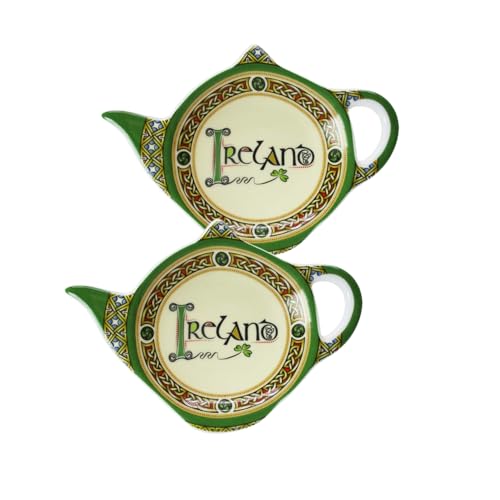 Royal Tara Ireland Teabag Holder Set with Shamrock - Irish Tea Bag Coaster Teapot Shaped Resting Caddy Saucer Made of New Bone China Blessing Diameter 4