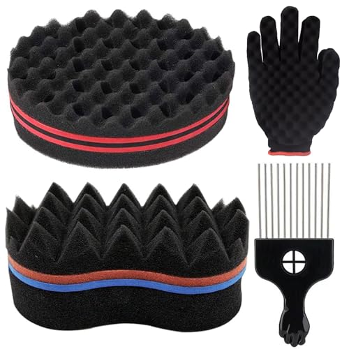 Fahibin 2 Piezas Cepillo esponja, Peine pelo Afro Rizado, Esponja Peine Rizado con Peines Metálicos y Guantes Rizadores para Giros, Rizos