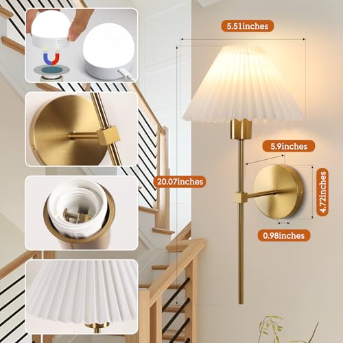 Image of Gold Wireless Wall Sconce Sets of 2, Pleated Shades Rechargeable Battery Operated Wall Sconce, Retro Industrial Wall Lights Bathroom Vanity Sconces, Wall Mounted Lamps for Bedroom Living Room Hallway