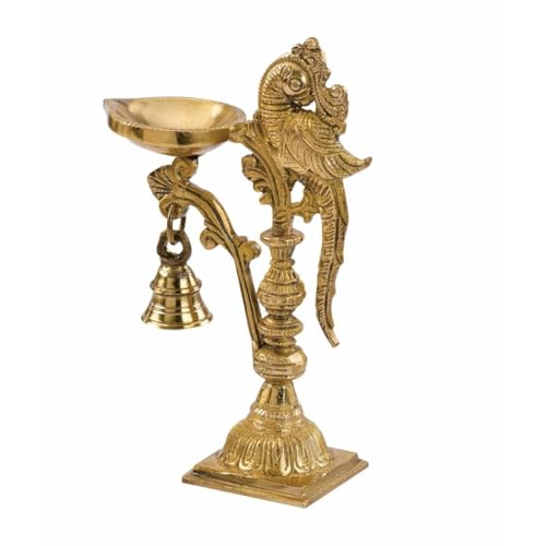 Image of Brass Peacock Decorative Diya with Traditional Bell Antique Deepak Design, Table Decor with Stand, Home Diwali Gift, Temple Pooja, Gold Colour (20X12.5X8cm) | 687 gram