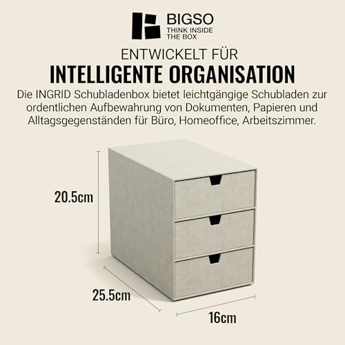 BIGSO INGRID Schubladenbox für Dokumente und Bürobedarf – Schreibtisch Organizer mit 3 Schubladen – Ablagesystem aus Faserplatte und Papier in Leinenoptik – beige