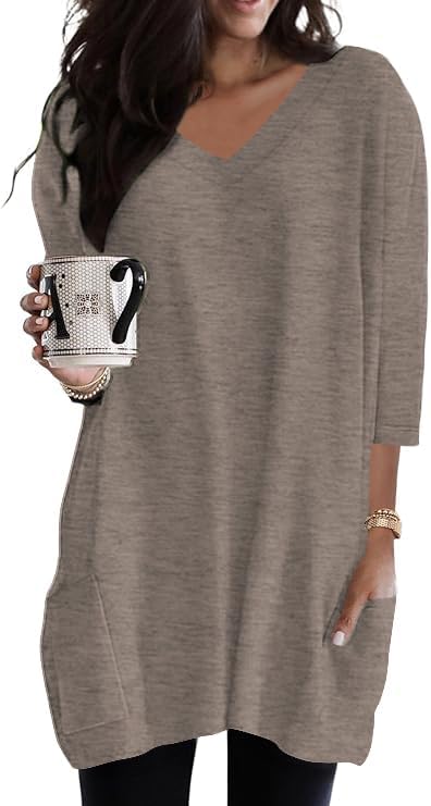 Poetsky Womens Tunic Tops for Leggings with Pockets Vneck 3/4 Length Sleeve Shirt Casual Long T-Shirts S-3XL
