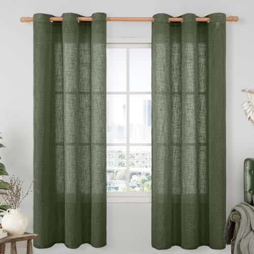 Image of LAMIT Linen Semi Sheer Curtains 72 Inches Long for Living Room, Olive Green Bronze Grommet Drapes Light Filtering Boho Window Panels for Bedroom /Farmhouse, 2 Panels, 34 x 72 Inch