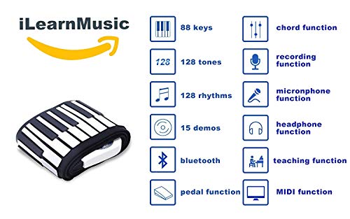 Ilearnmusic Roll Up Piano | Portable Keyboard Piano | Hand Roll Electric Piano Keyboard | Premium Silicone & Built-In Speakers (88 Keys, Black) #TOP4