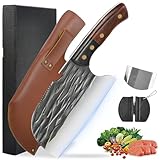 Numola Serbian Chef Knife with Finger Guard Knife Sharpener, Kitchen Meat Cleaver Knife Handmade Forged High Carbon Steel with Sheath, Full Tang Handle Butcher Knife for Home Camping BBQ Present