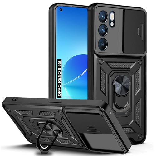 Image of AESTMO Tough Armor Oppo Reno 6 5G Bumper Back Case Cover | Ring Holder & Sliding Camera Shield Cover | 360 Degree Protection Back Case Cover for Oppo Reno 6 5G (Black)