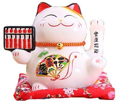 Chińska porcelana Feng Shui Biała figurka kota machającego na szczęście z ruchomym ramieniem Ceramiczna statuetka Maneki Neko machającego kota na szczęście do dekoracji biura domowego i sklepu 16x14x