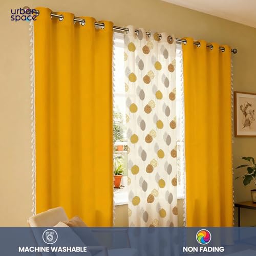 Image of Urban Space Printed 100% Cotton Curtain for Window, Cotton & Sheer Combo Set of 3 Curtains 5 Feet Long, Tieback & Eyelets Included with Curtains for Room Darkening (Drops Mustard Sheer & Aura Yellow)