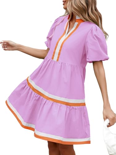 Image of LifeShe Womens Puff Sleeve Babydoll Dress V Neck Navy Blue Striped Color Block Tiered Mini Dresses