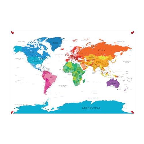 Colorful World Push Pin Travel Map with Solid Wood Brown Frame and Pins - 27.5 inches x 39.5 inches