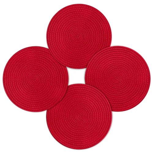 fanquare Juego de 4 Manteles Individuales de Navidad, Manteles Individuales Redondos de Algodón para Niños y Adultos, Antideslizantes, Lavables y Resistentes al Calor (Rojo, 30cm)