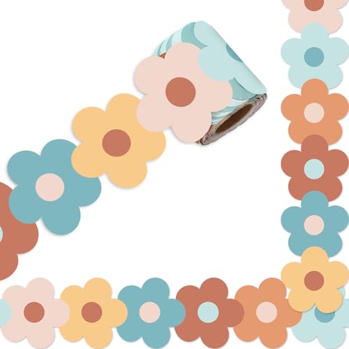 Image of Whaline 32.8 Ft Boho Flower Bulletin Board Borders | Colorful Floral Die-Cut Rolled Border Trim, for Back to School Classroom Office Chalkboard Decoration