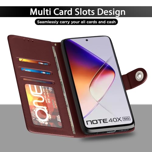 Image of Pikkme Flip Cover Leather Finish | Inside TPU with Card Pockets | Wallet Stand and Shock Proof | Complete Protection Button Flip Case for Infinix Note 40X 5G(Brown)