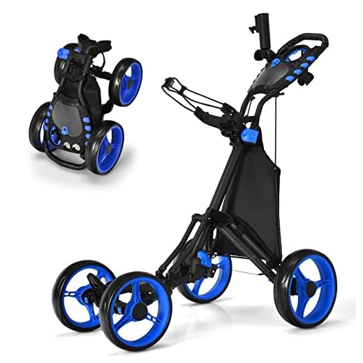 COSTWAY Golf Trolley, 4 Wheel Golf Trolley, Folding Golf Carts, Aluminium Golf Caddy, Golf Caddy with Umbrella Holder, T-Piece Holder and Storage Bag (Blue)