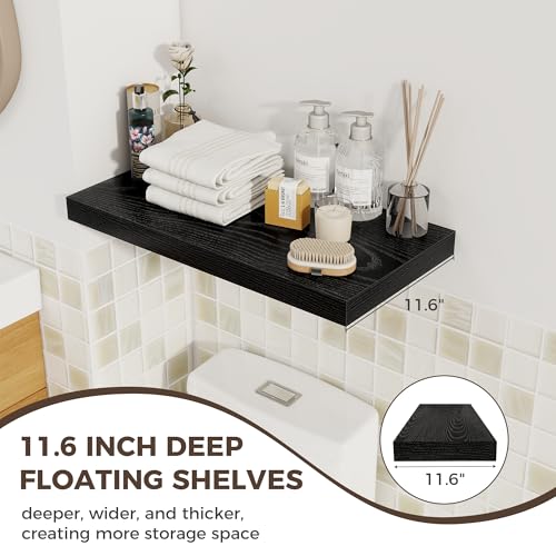 Image of Fun Memories 24 x 12 Inch Deep Floating Shelves, 12 Inch Deep Rustic Wooden Book Shelf, Extra Deeper & Thicker Hanging Shelves for Living Room, Bathroom, Bedroom, Kitchen, Office, Set of 2 (Black)