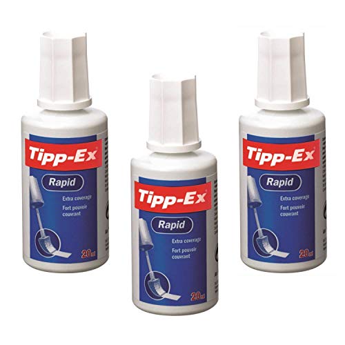 Tipp-Ex Rapid, Correctie Vloeistof Fles, Hoge Kwaliteit Correctie Vloeistof, Uitstekende Dekking, 20ml, Pack van 3, Wit