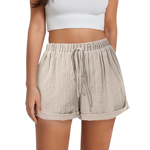 Sahunfri Leinen Kurze Hose Damen Sommer,Leinen Damen Kurze High Waist Shorts mit Tunnelzug und Taschen (DE/NL/SE/PL, Alp...