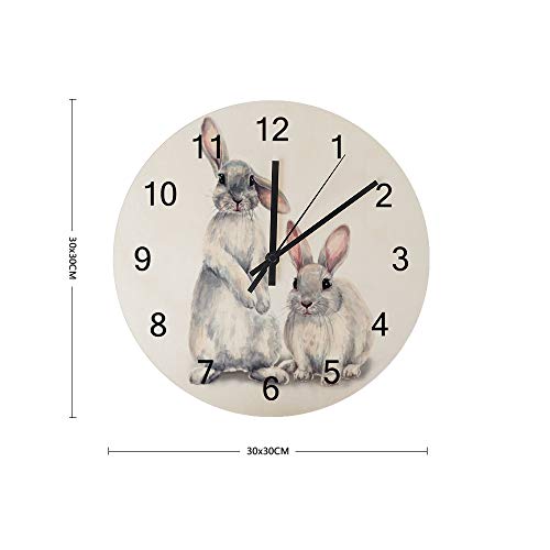 Kuizee Wall Clock Cute Furry Rabbit Watercolor Bunny Uncovered Wooden Mute Decoration Home Office Bedroom 12Inch #TOP2