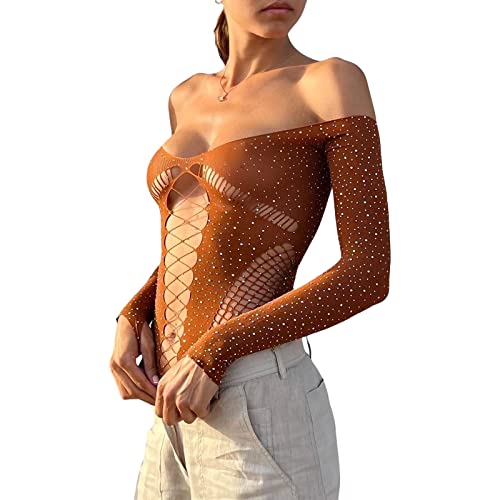 Owegvia Mameluco para mujer, con diamantes de imitación brillantes, ajustado, sexy, de malla, manga larga, transparente, con hombros descubiertos, para discoteca, café, talla única
