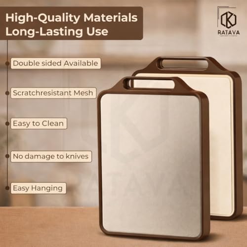Image of Double Sided Stainless Steel Cutting Board for Kitchen, Stainless Steel & Wheat Straw Chopping Board with Juice Groove, Non-Slip, BPA Free, Dishwasher Safe for Meat, Fruits & Vegetables (Brown)