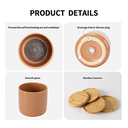 Omaykey 4 Inch Ceramic Plant Pot With Bamboo Saucer, Multicolor Bright Glazed Planters Pots With Drainage Hole And Mesh Pads For Succulent, Indoor Flowers, Snake Plants, Cactus, Herbs, Set Of 4 #TOP2