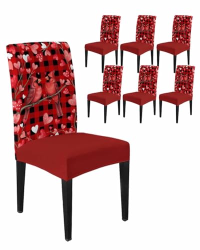 Teamery Dining Room Chair Covers Valentine's Day Love Bird Stretch Slipcovers Set of 6, Black Red Plaid Removable Washable Chair Seat Protecter for Kitchen Hotel Wedding Party