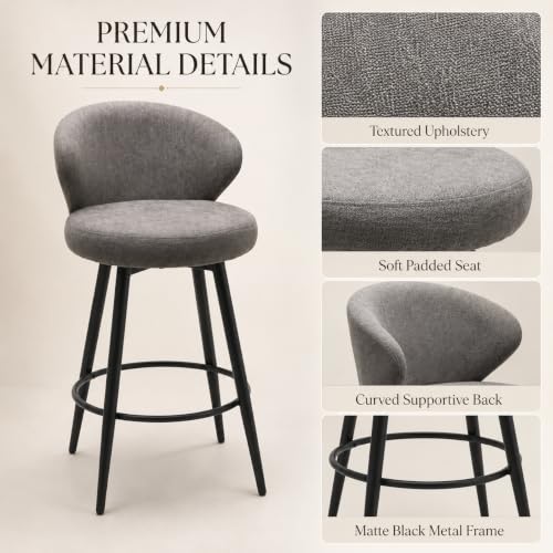Image of Bar Stools Set of 3, 360 Swivel Breathable Fabric Kitchen Counter Height Stools, 26 inch Upholstered Bar Chair for Kitchen Islands, Restaurant,Grey
