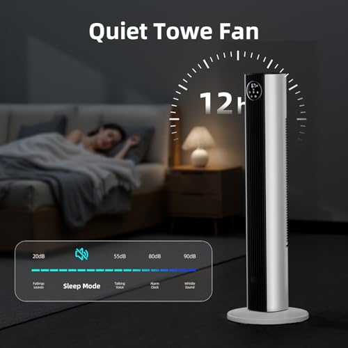 Image of Antarctic Star Tower Fan Portable Floor Fans 85Oscillating Fan Quiet Cooling 12H Timer Remote Control Standing Bladeless Electric 3 Wind Speeds 4 Modes Bedroom Office,36 inch, Black+White